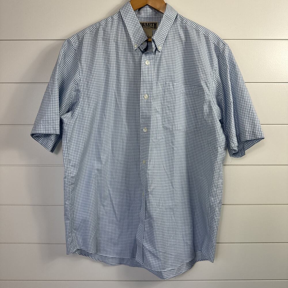 Duluth Trading Wrinklefighter Relaxed Fit Button Front Shirt Blue Check sz L